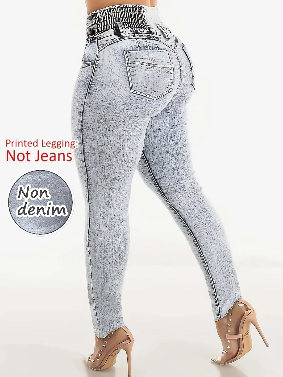 Leggings Donna Effetto Jeans Vita Alta – Stretch Grigio - dettaglio prodotto