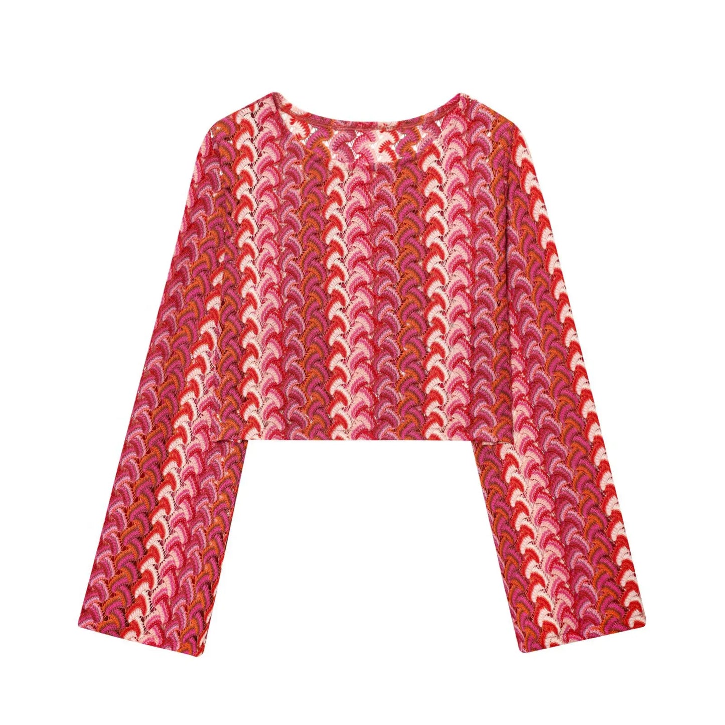 Coordinato donna in maglia crochet – top corto girocollo e pantaloni dritti vita alta