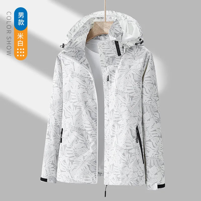 Giacca running donna con stampa foglia, cappuccio staccabile – antivento, waterproof e versatile per hiking