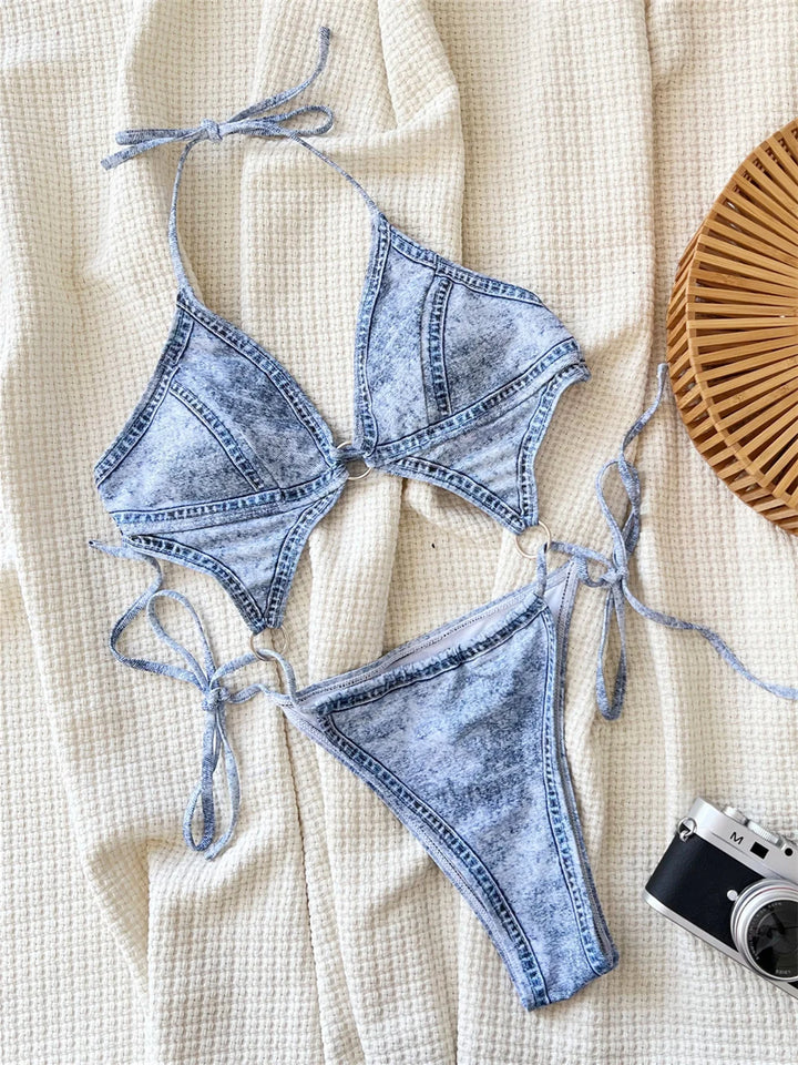 Trikini micro Y2K effetto denim con anelli – Sexy donna