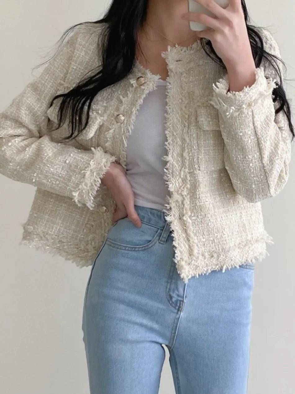 Cardigan Corto Donna Stile Coreano con Collo Tondo e Design Aperto – Giacca Imbottito