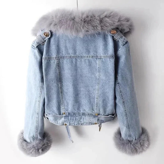 Giacca in denim con colletto in pelliccia di volpe sintetica per donna – Giacca corta imbottita con fodera in pelliccia di coniglio, per l'inverno