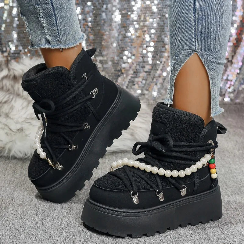 Stivali da neve donna invernali pelliccia – short boots imbottiti lamb-fur, punta tonda, stile retrò per città e montagna