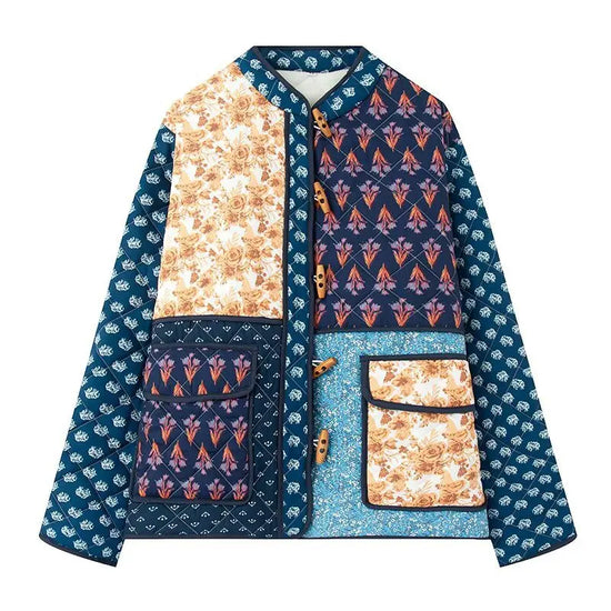 Giacca imbottita donna vintage patchwork floreale – Cappotto cotone con imbottitura, stile casual e warm streetwear