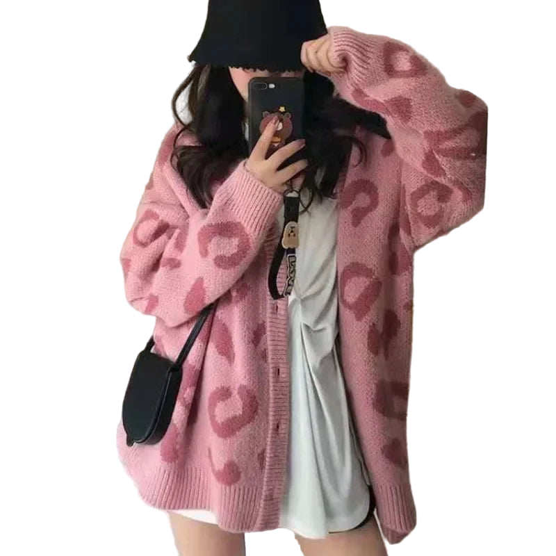 Cardigan leopardato donna con scollo a V stile coreano – Maglione knit oversize autunno/inverno animal print