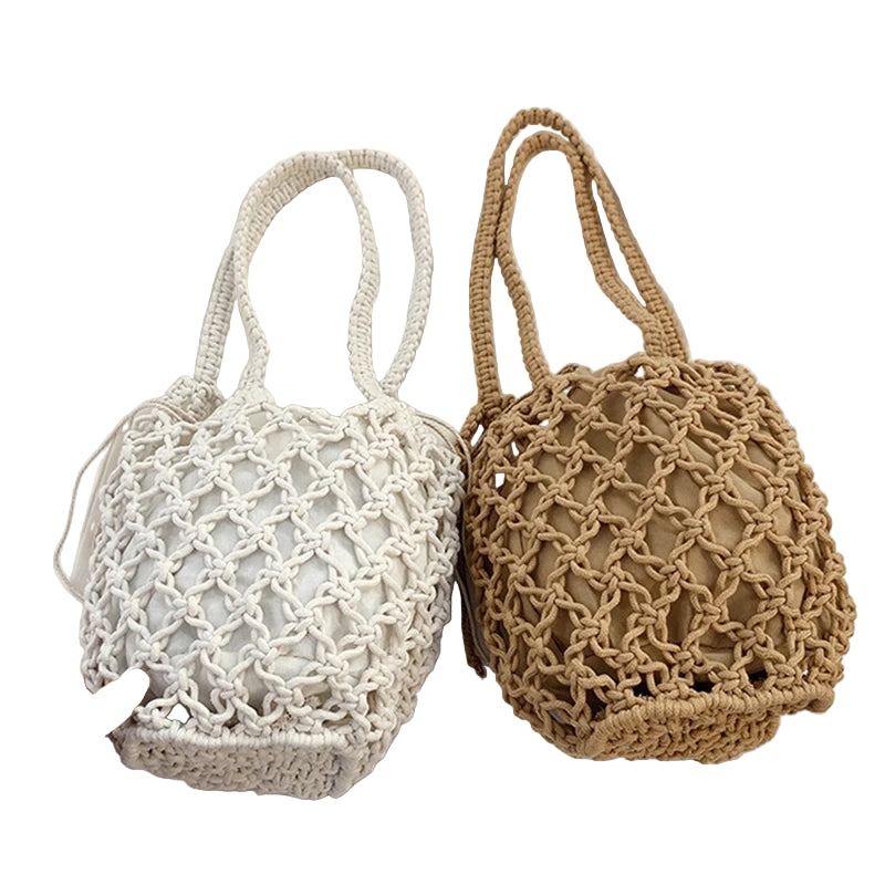 Borsa a secchiello in paglia intrecciata a mano – con coulisse e tracolla, perfetta per spiaggia e shopping