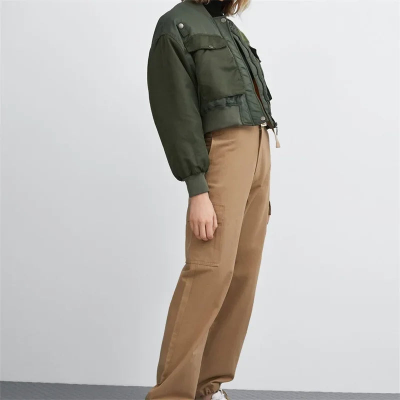 Giacca pilot bomber da donna imbottita – stile militare verde army, antivento e leggera per primavera/autunno