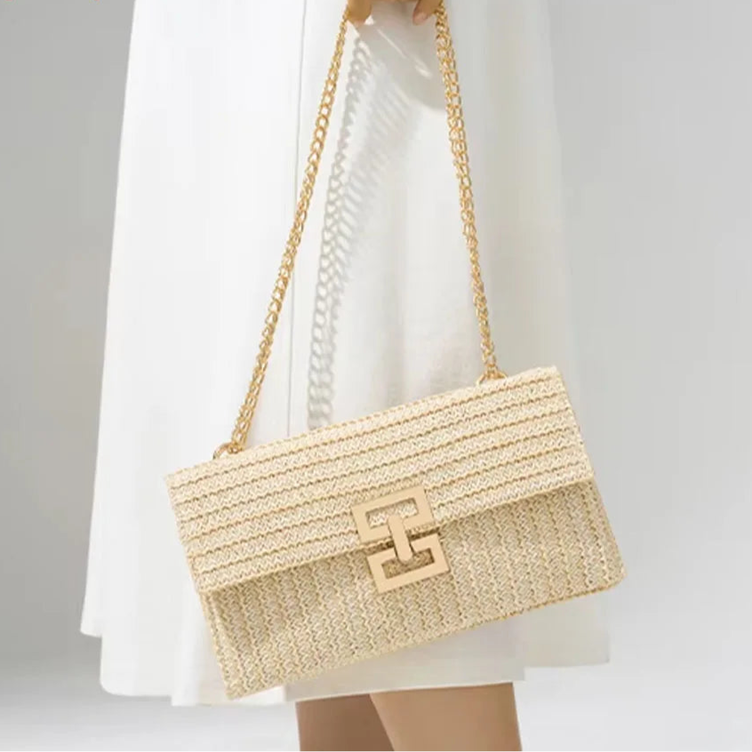 Borsa in paglia elegante con tracolla a catena per estate donna