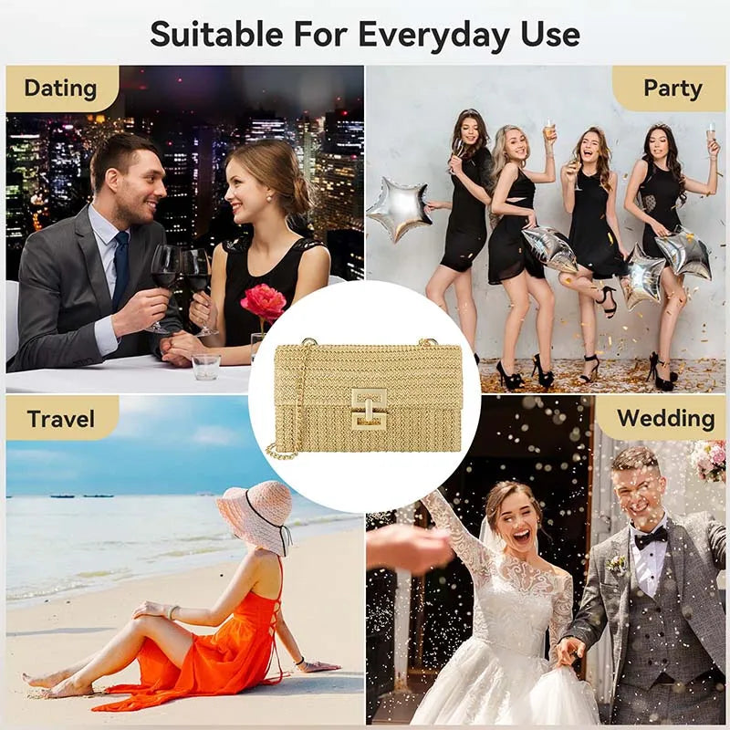 Borsa in paglia elegante con tracolla a catena per estate donna