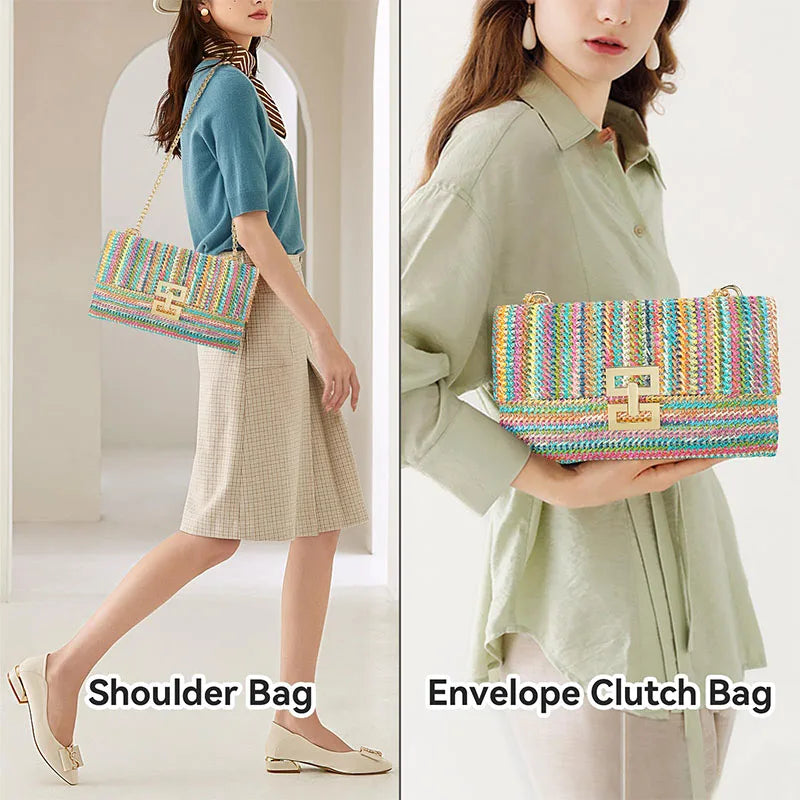 Borsa in paglia elegante con tracolla a catena per estate donna