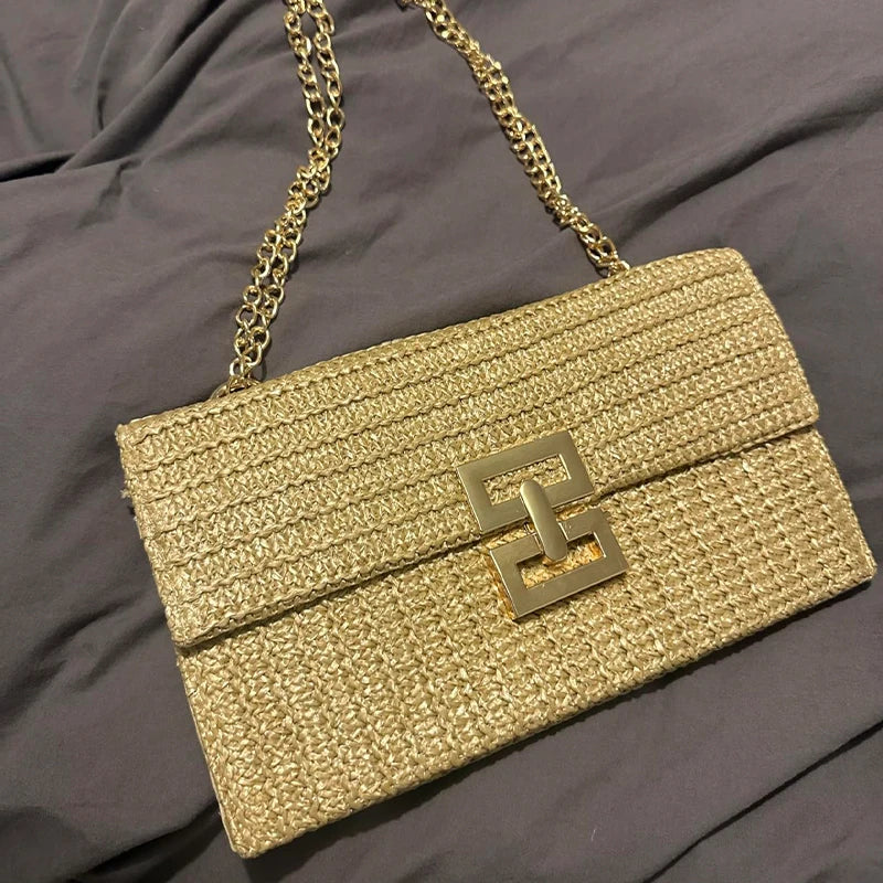 Borsa in paglia elegante con tracolla a catena per estate donna