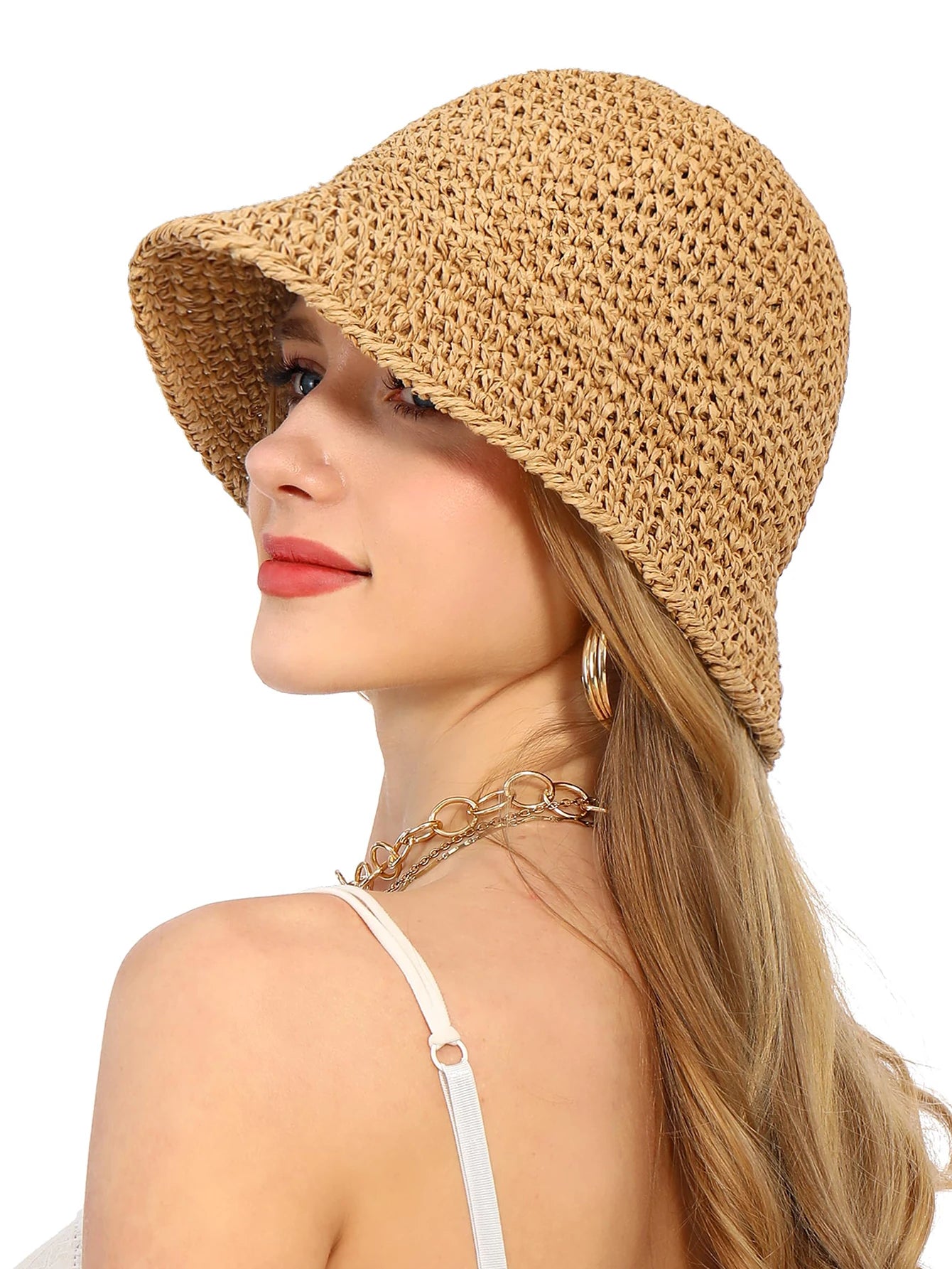 Cappello estivo donna a secchiello in paglia khaki beige rosa con protezione UV