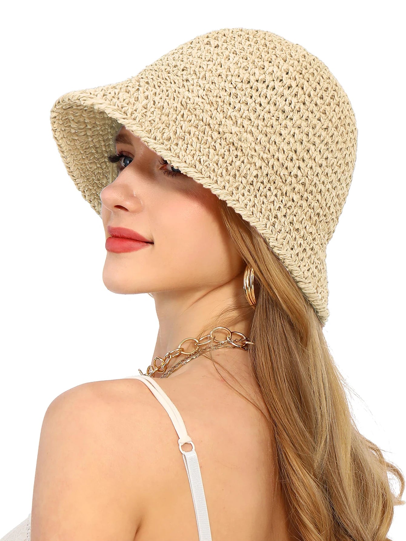 Cappello estivo donna a secchiello in paglia khaki beige rosa con protezione UV