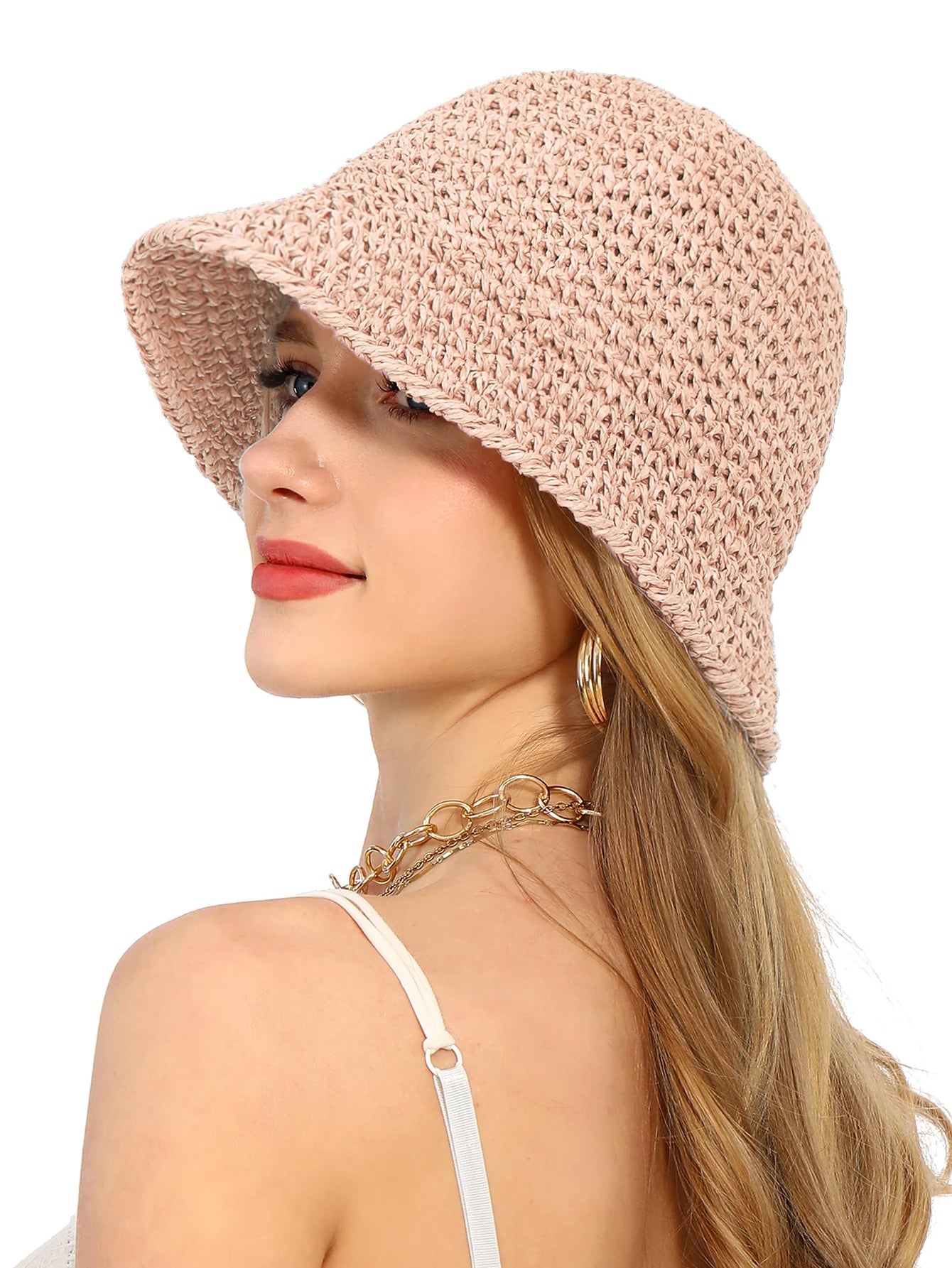 Cappello estivo donna a secchiello in paglia khaki beige rosa con protezione UV