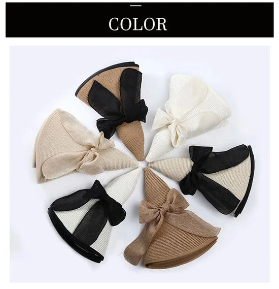 Cappello donna estivo in paglia con fiocco decorativo, tesa larga e colori eleganti