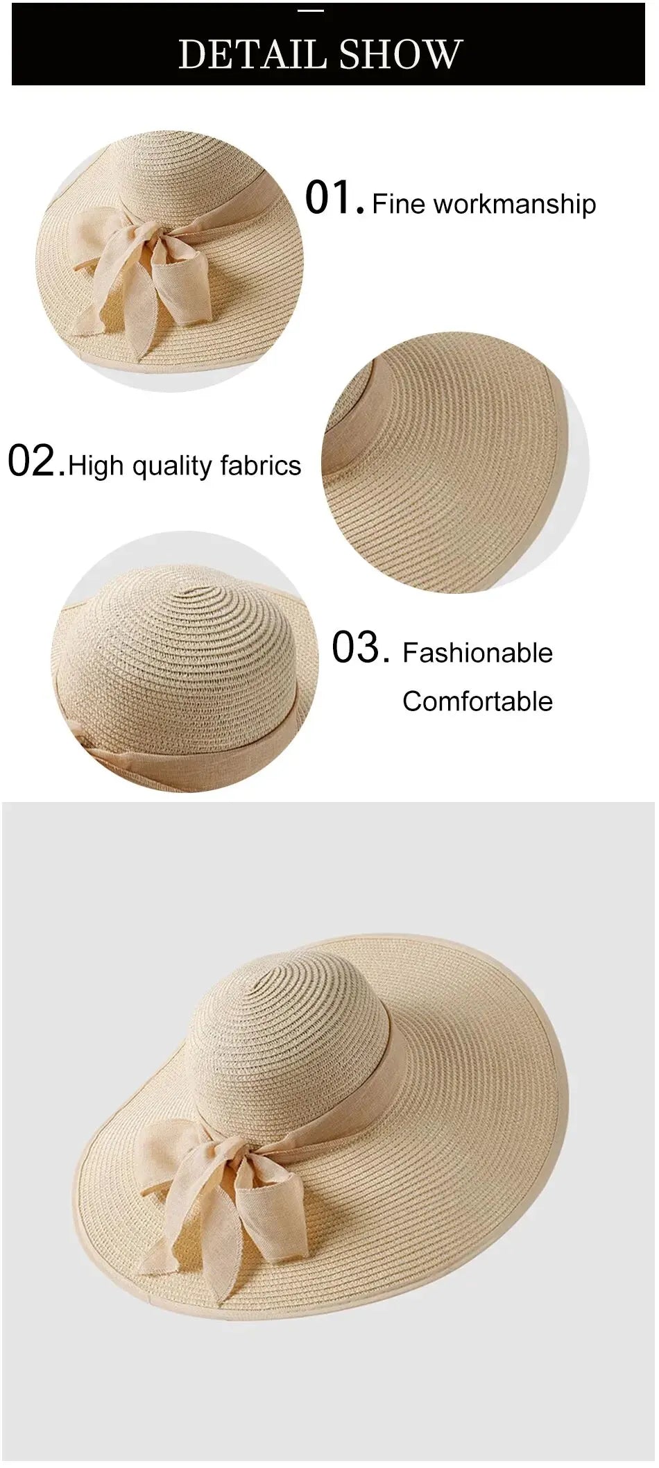 Cappello donna estivo in paglia con fiocco decorativo, tesa larga e colori eleganti