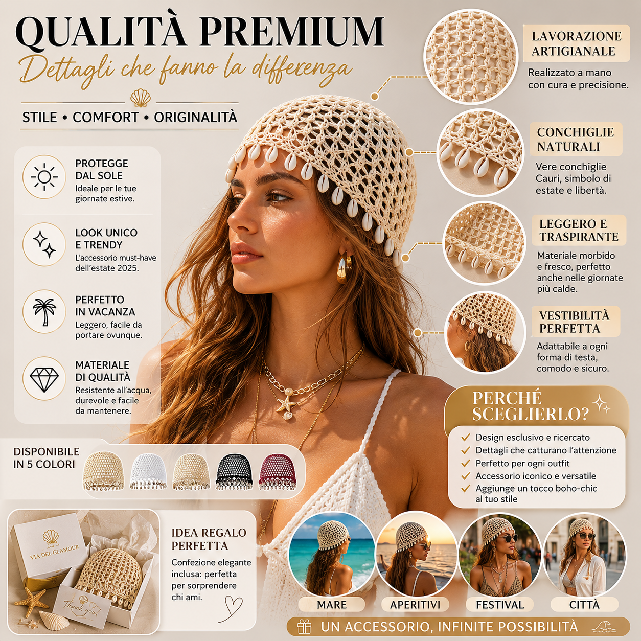 Cappello Crochet Donna con Conchiglie – Accessorio Boho Chic Estivo