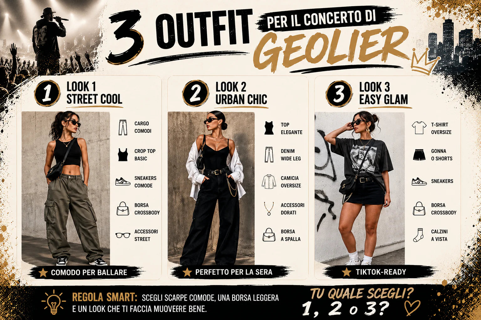 Look donna per concerto Geolier con outfit streetwear cargo jeans sneakers e borsa crossbody