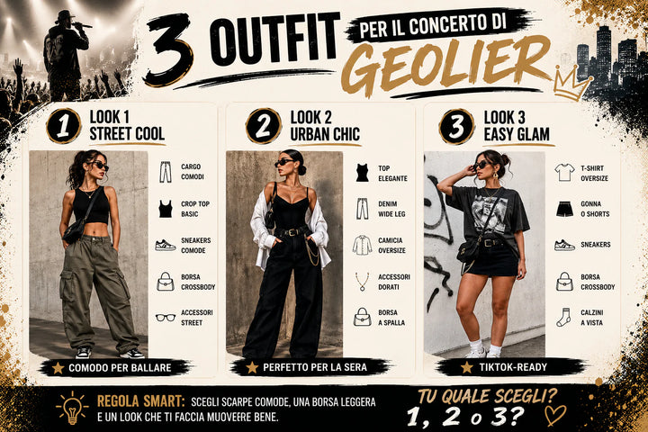 Look donna per concerto Geolier con outfit streetwear cargo jeans sneakers e borsa crossbody