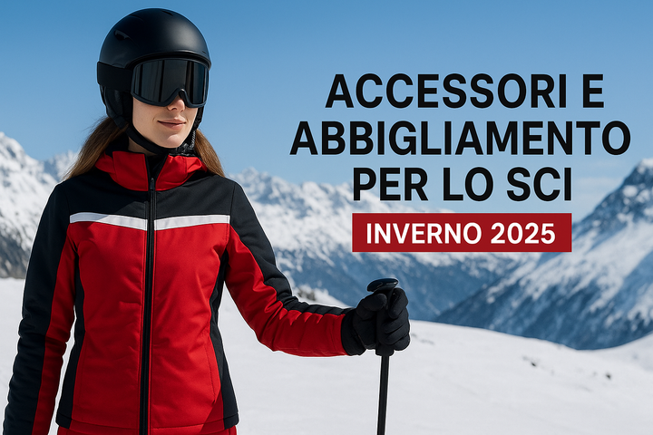 Donna con tuta da sci rossa e nera in montagna, collezione accessori e abbigliamento da sci inverno 2025, stile e comfort sulla neve.