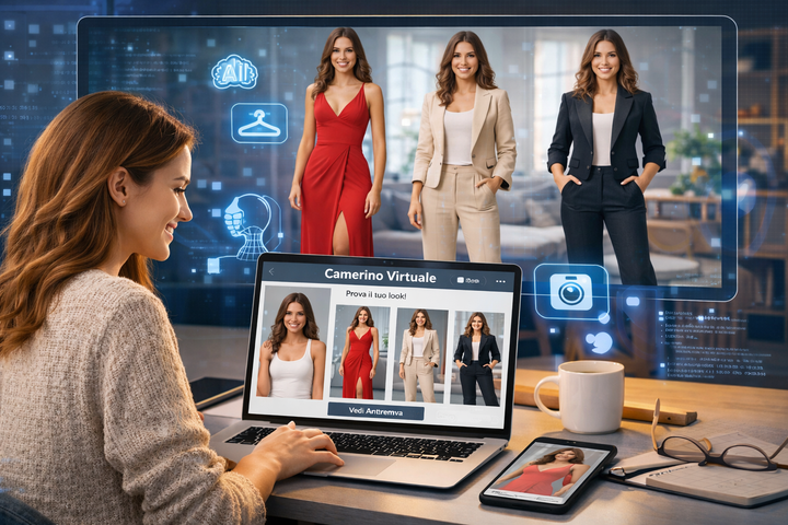 Camerino virtuale e-commerce con intelligenza artificiale che mostra come provare vestiti online prima di acquistare
