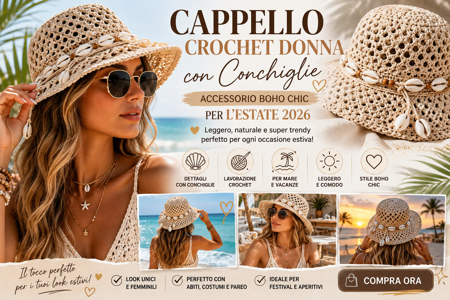 Cappello crochet donna con conchiglie accessorio boho chic per estate mare e vacanze 2026