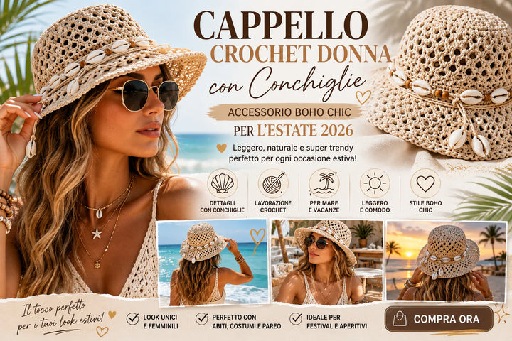 Cappello crochet donna con conchiglie accessorio boho chic per estate mare e vacanze 2026