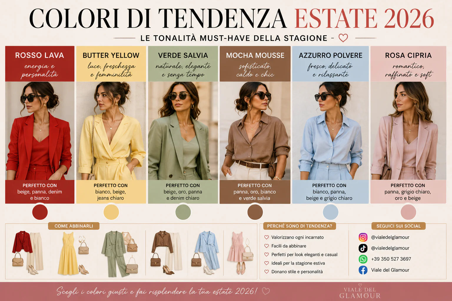 Colori moda estate 2026 Rosso Lava Butter Yellow Verde Salvia Mocha Mousse Azzurro Polvere e Rosa Cipria