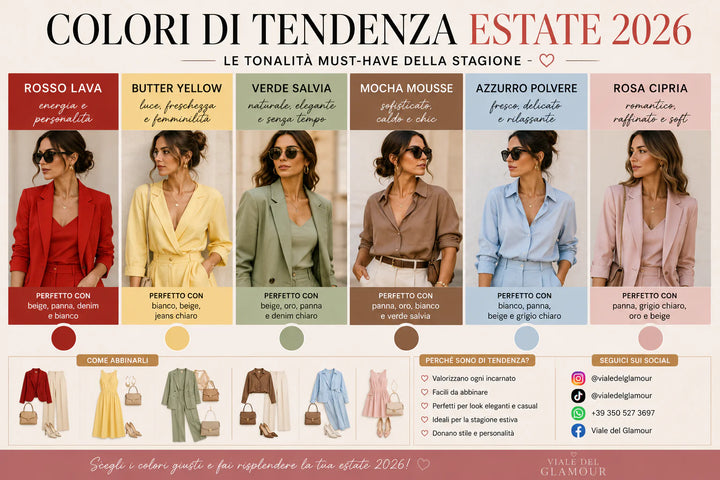 Colori moda estate 2026 Rosso Lava Butter Yellow Verde Salvia Mocha Mousse Azzurro Polvere e Rosa Cipria