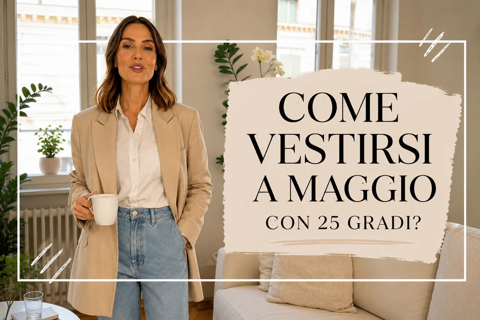 Donna con blazer beige e jeans in un salotto luminoso con testo “Come vestirsi a maggio con 25 gradi?” ideale per outfit primaverili eleganti e casual.
