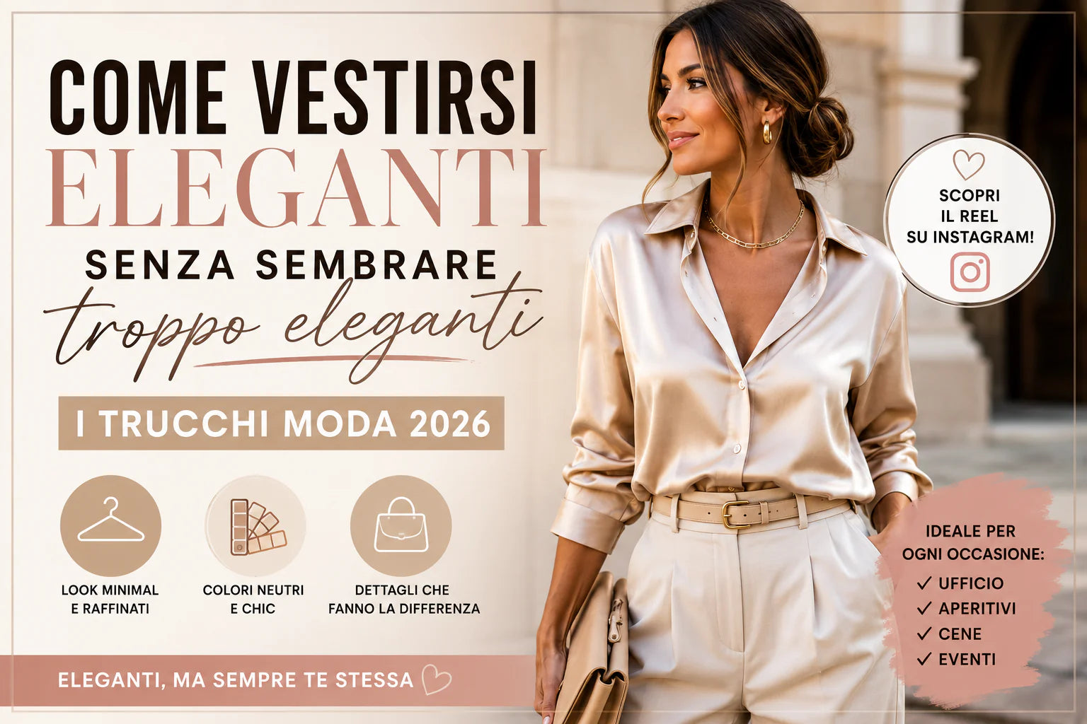 Outfit elegante donna 2026 stile minimal chic con colori neutri e look raffinato