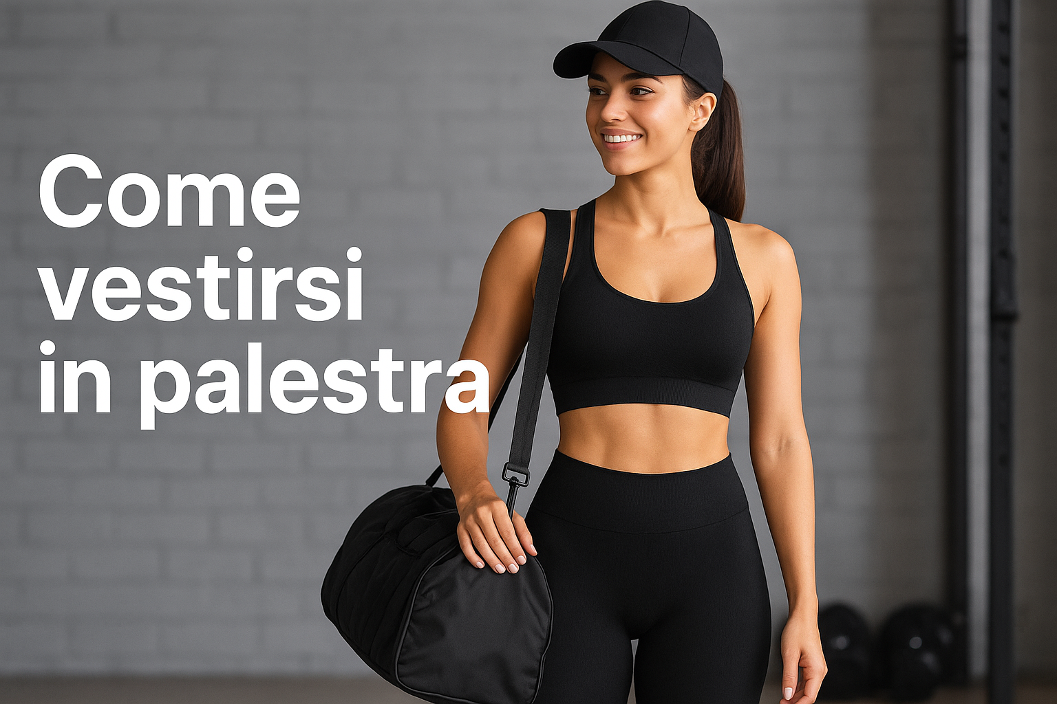 Donna in palestra con outfit sportivo nero, leggings high waist, top fitness e borsa sportiva impermeabile