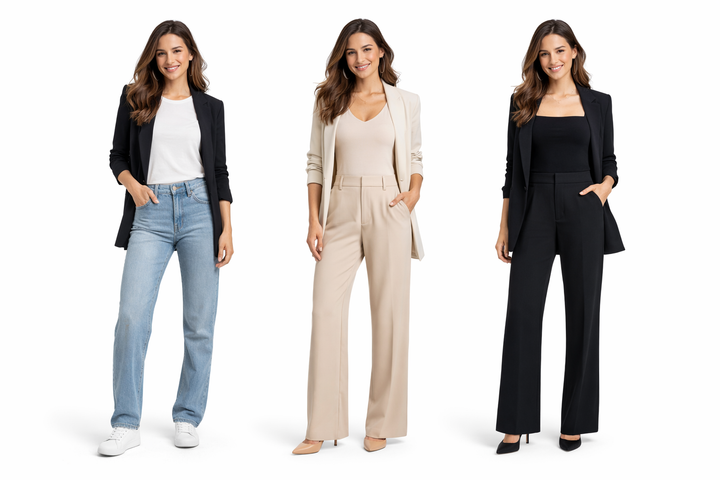 Outfit donna per sembrare più slanciata con pantaloni a vita alta, look monocromatici e blazer su sfondo bianco