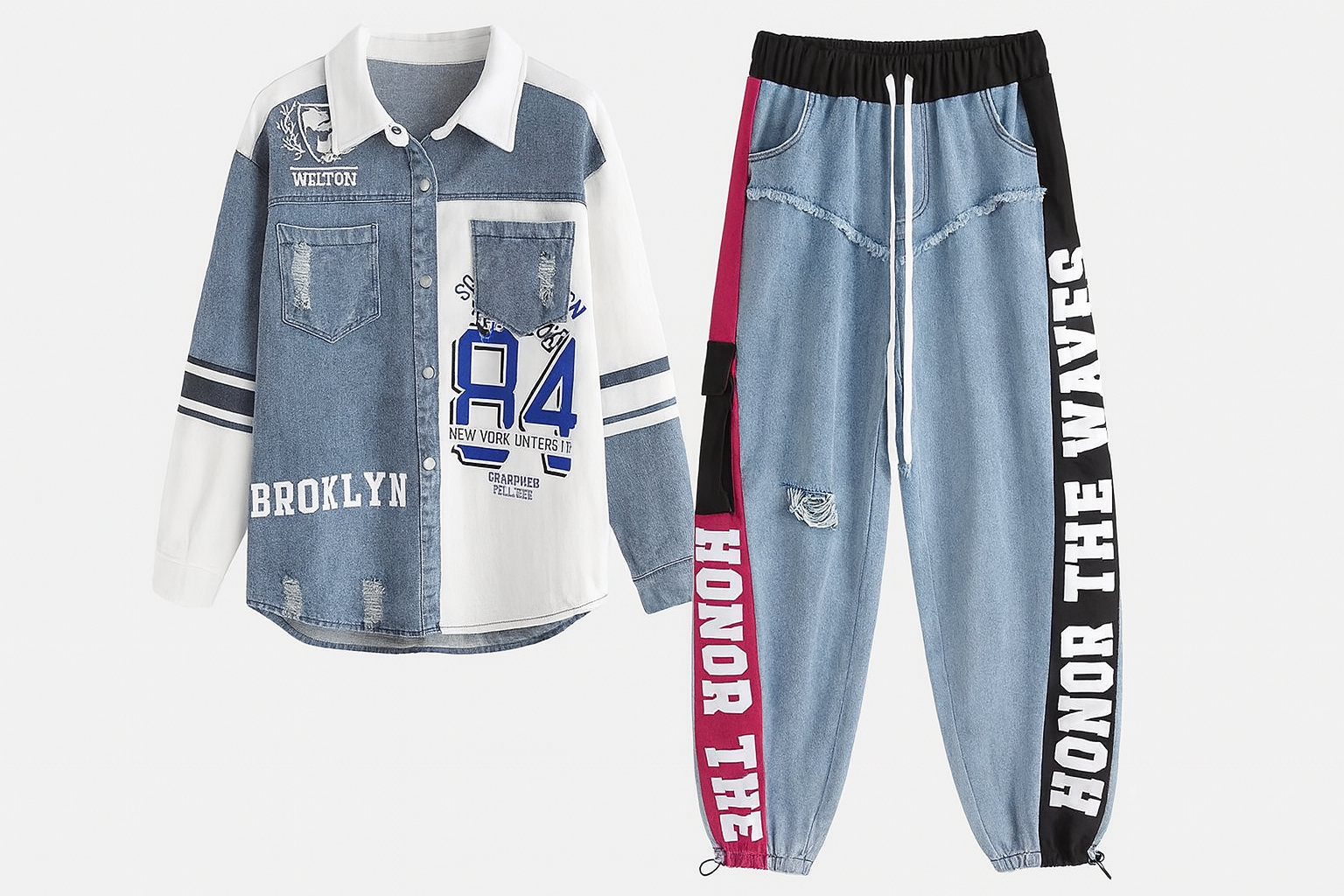 Completo donna a due pezzi in denim patchwork con camicia lunga e jeans streetwear, stile urbano moderno