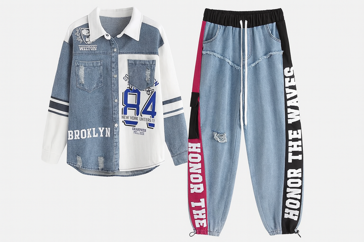 Completo donna a due pezzi in denim patchwork con camicia lunga e jeans streetwear, stile urbano moderno
