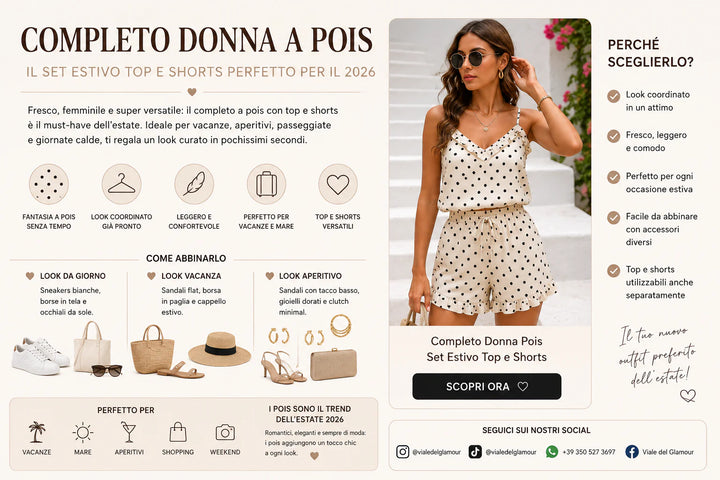Completo donna a pois con top e shorts outfit estivo elegante e casual chic estate 2026