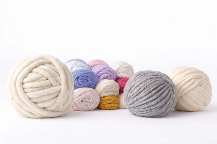 Filati in lana di diversi spessori per maglieria e uncinetto, gomitoli chunky, medi e merino su sfondo bianco