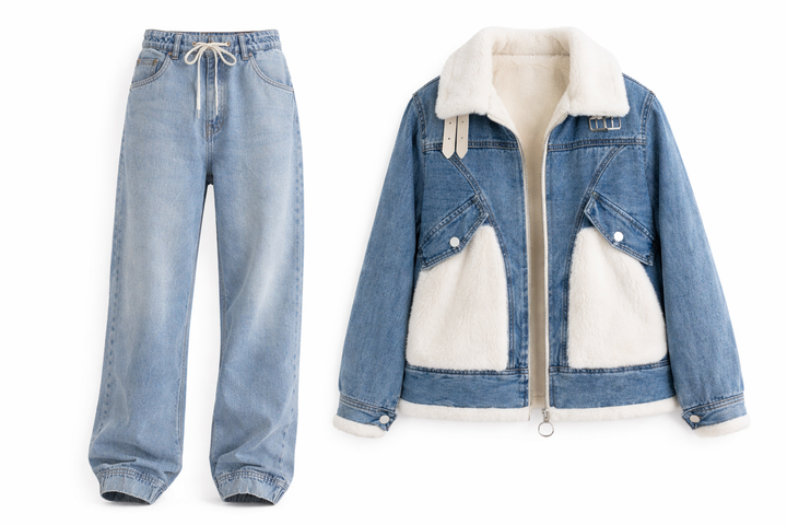 Jeans donna baggy a vita alta abbinati a giacca denim imbottita con interno caldo, stile streetwear casual