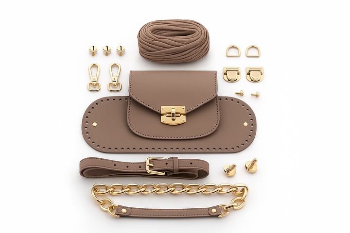 Kit fai da te per borse in ecopelle con accessori dorati su sfondo bianco