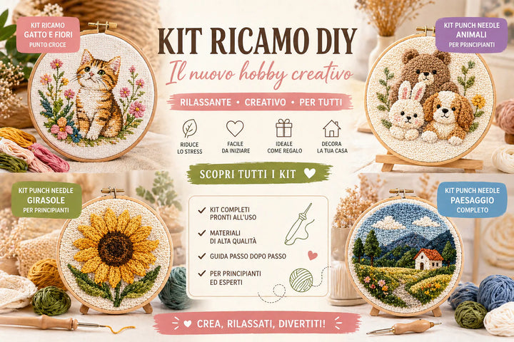 Kit ricamo DIY 2026 punch needle e punto croce per principianti hobby creativo rilassante