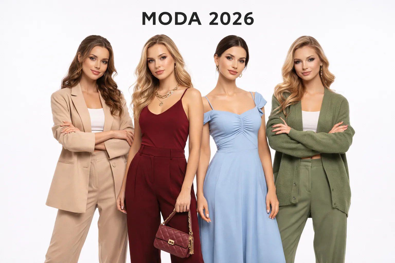 Tendenze moda 2026 donna con outfit eleganti e casual su sfondo bianco