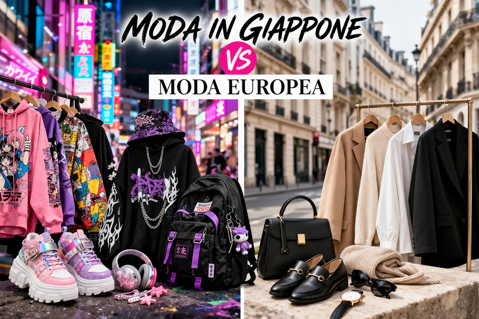 Confronto moda giapponese e europea con streetwear colorato di Tokyo e stile elegante europeo 2026