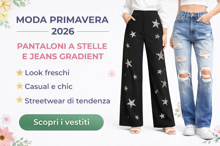 Moda primavera 2026 con pantaloni high waist a gamba larga con stelle di paillettes e jeans straight gradient con strappi