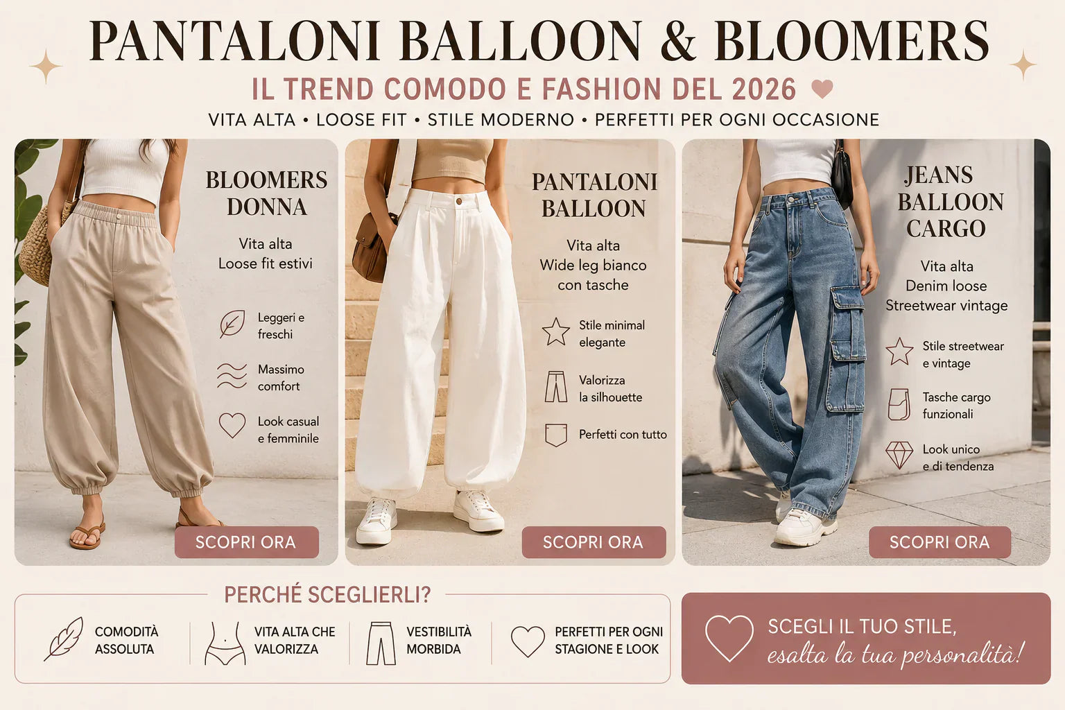 Pantaloni balloon e bloomers donna 2026 jeans cargo loose fit streetwear casual chic