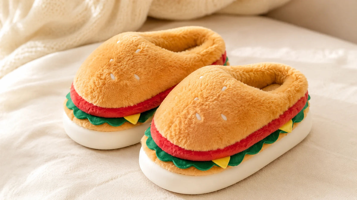 Pantofole hamburger morbide e calde da casa con dettagli colorati effetto panino