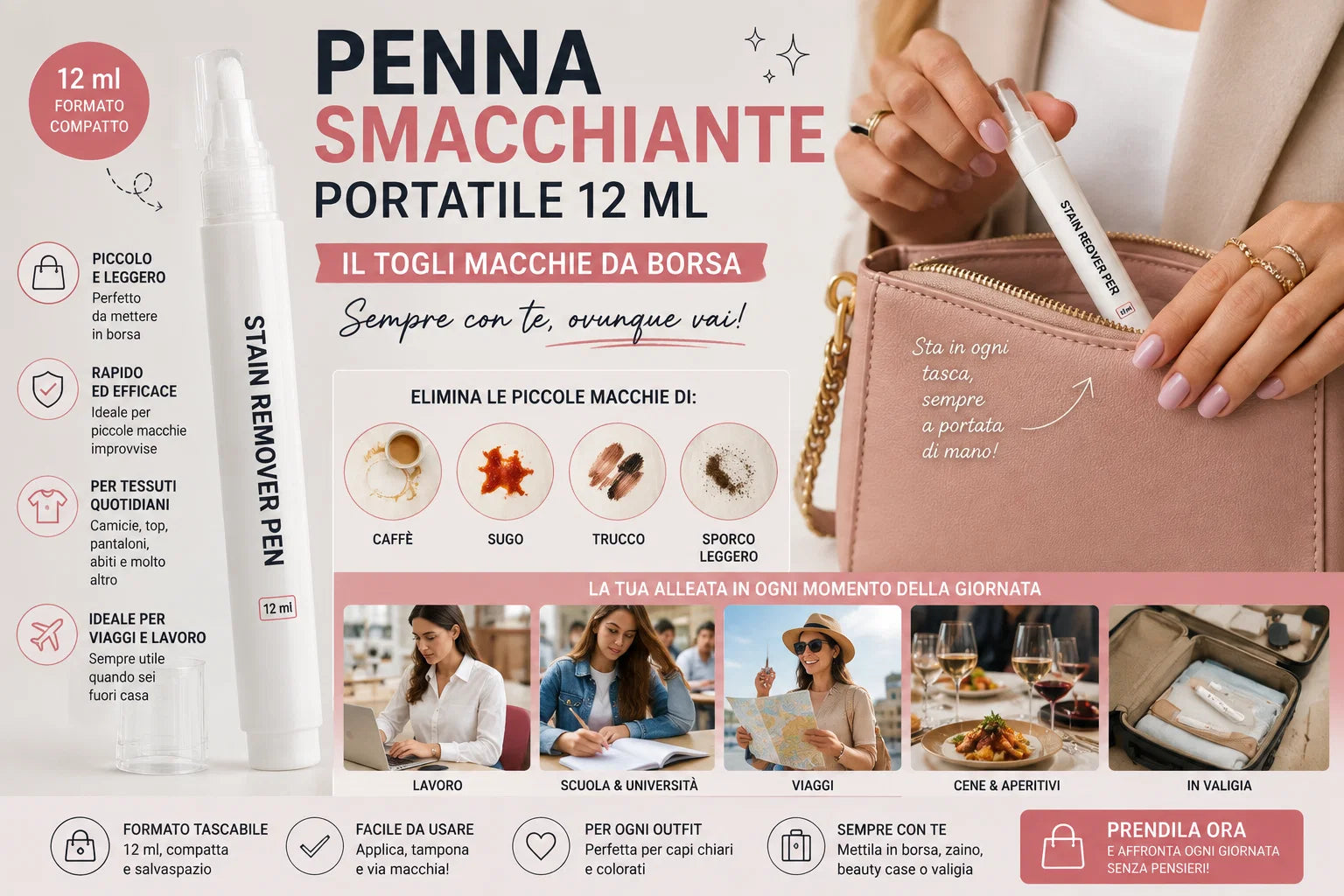 Penna smacchiante portatile 12 ml da borsa per rimuovere piccole macchie fuori casa
