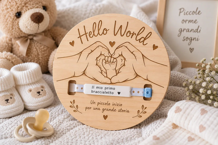 Porta braccialetto nascita neonato con targhetta Hello World in legno e ricordo ospedaliero