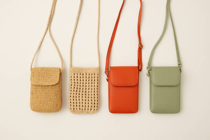 Quattro porta cellulari a tracolla in stile intrecciato e minimal, fotografati su sfondo neutro, modelli leggeri e colorati per un look pratico e trendy.