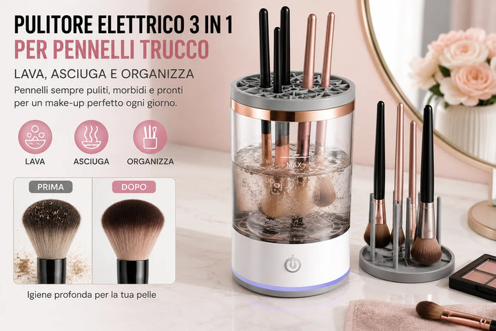 Pulitore elettrico 3 in 1 per pennelli trucco che lava, asciuga e organizza