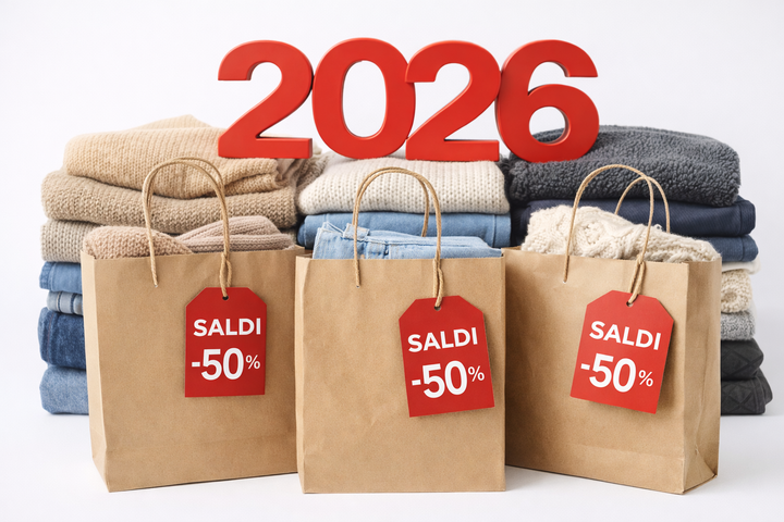 Saldi invernali 2026 con borse shopping e capi di abbigliamento scontati su sfondo bianco